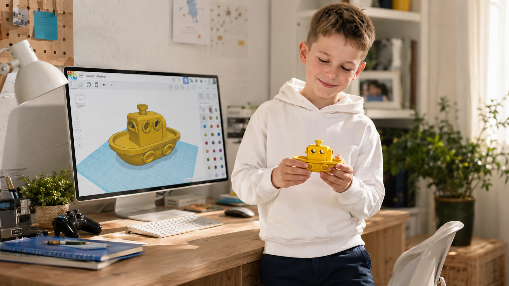 Dziecko prezentuje wydrukowaną łódkę obok modelu 3D widocznego na ekranie